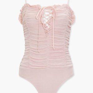 NWT Pink Ruched Mesh Lace-Up Bodysuit